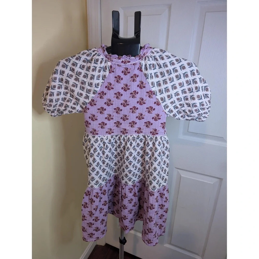 Zara Tiered Dress Kids Size 7 Lilac Floral Block Print Boho Puff Sleeve‎ Gauze